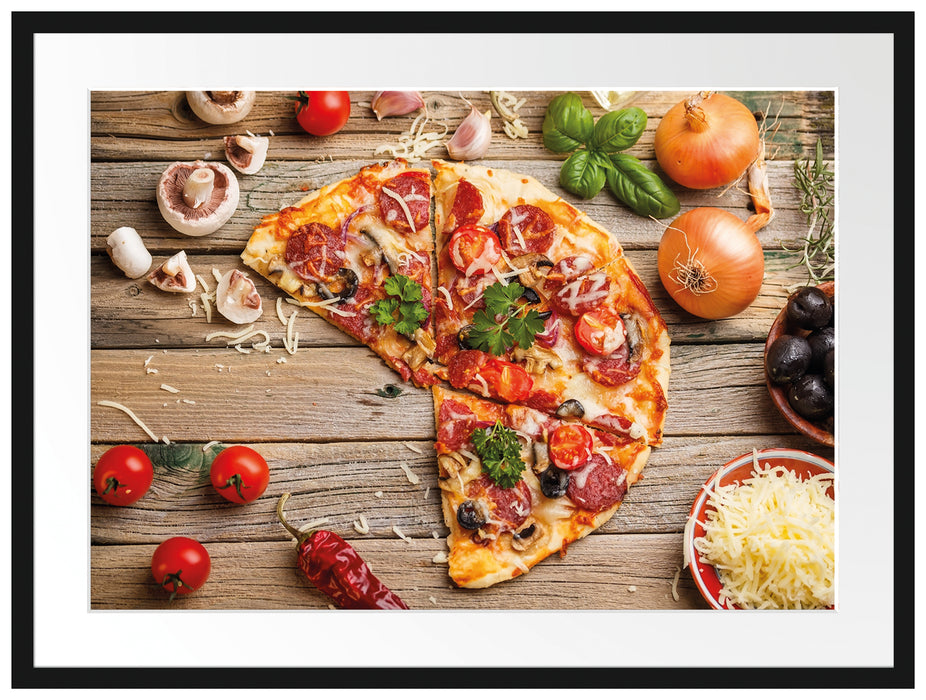 Pizza Italia auf Holztisch Passepartout 80x60