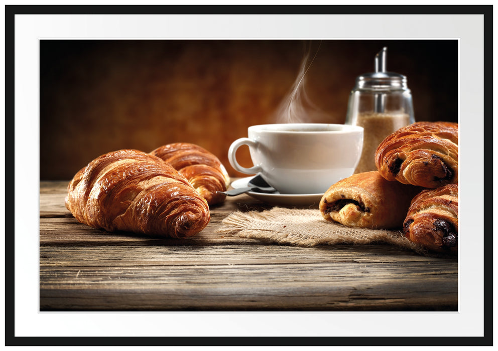 Pixxprint Croissant zum Kaffee, im Galerie-Passepartout Bilderrahmen