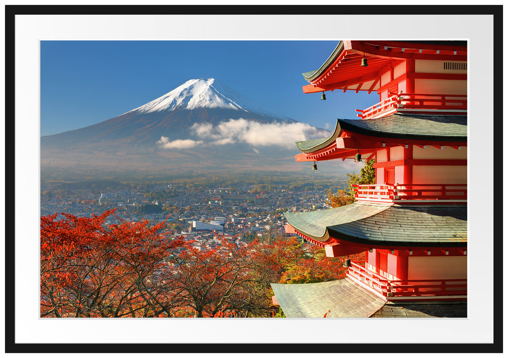 Pixxprint Tempel am Fudschijama Japan, im Galerie-Passepartout Bilderrahmen