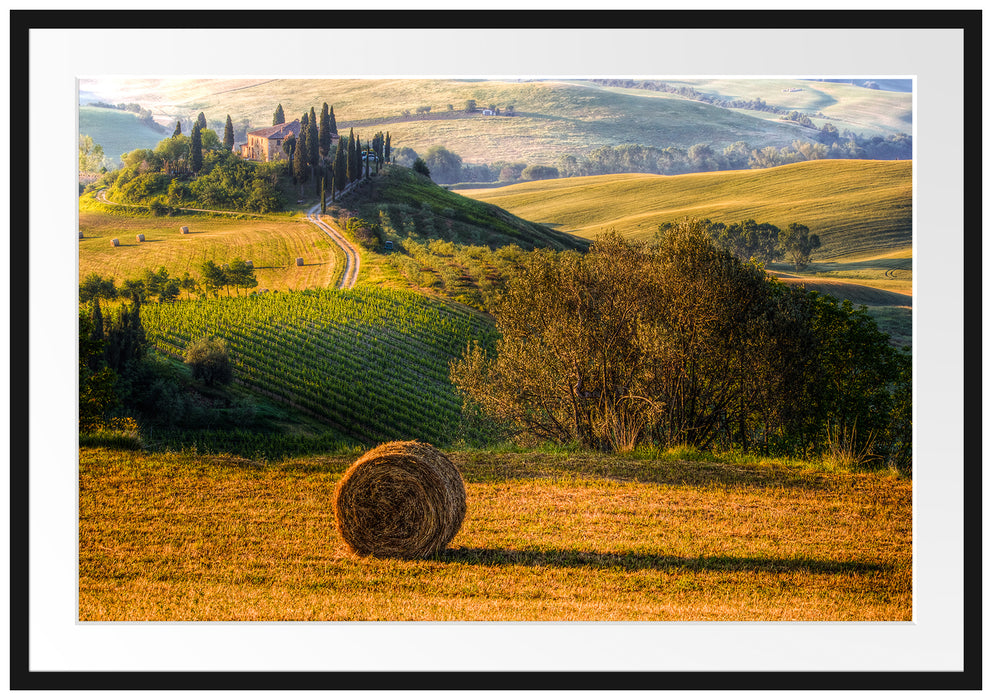 Pixxprint Italienische Toskana Landschaft, im Galerie-Passepartout Bilderrahmen