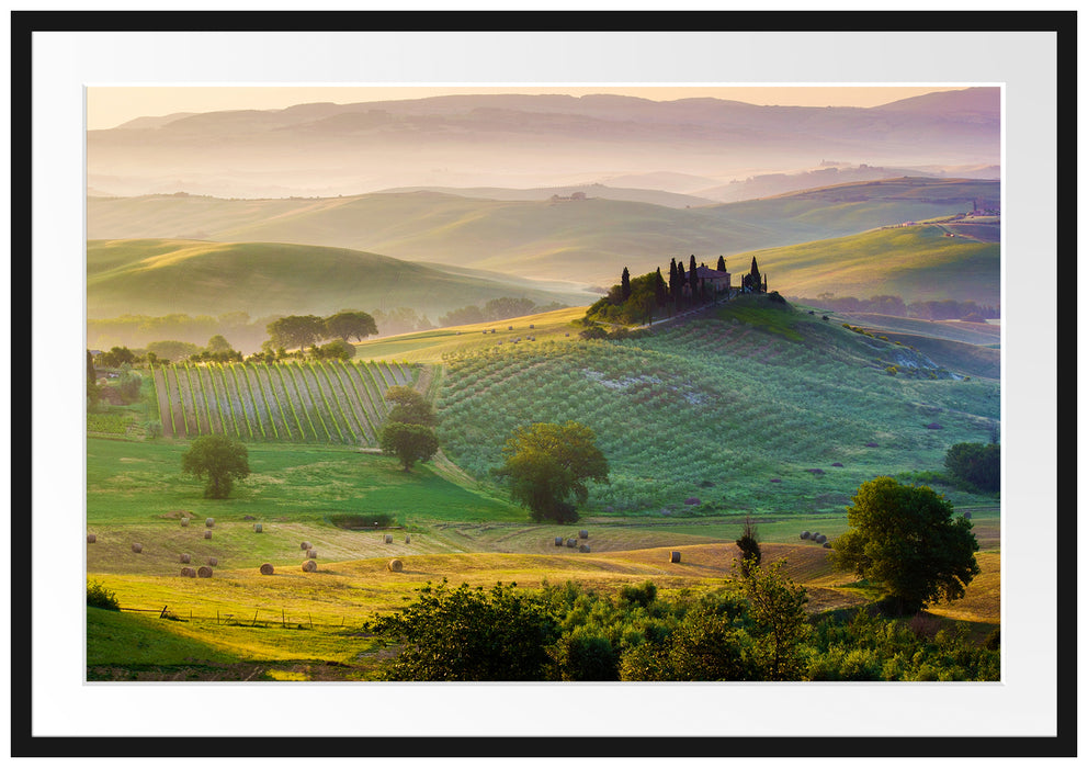 Pixxprint Toskana Landschaft, im Galerie-Passepartout Bilderrahmen