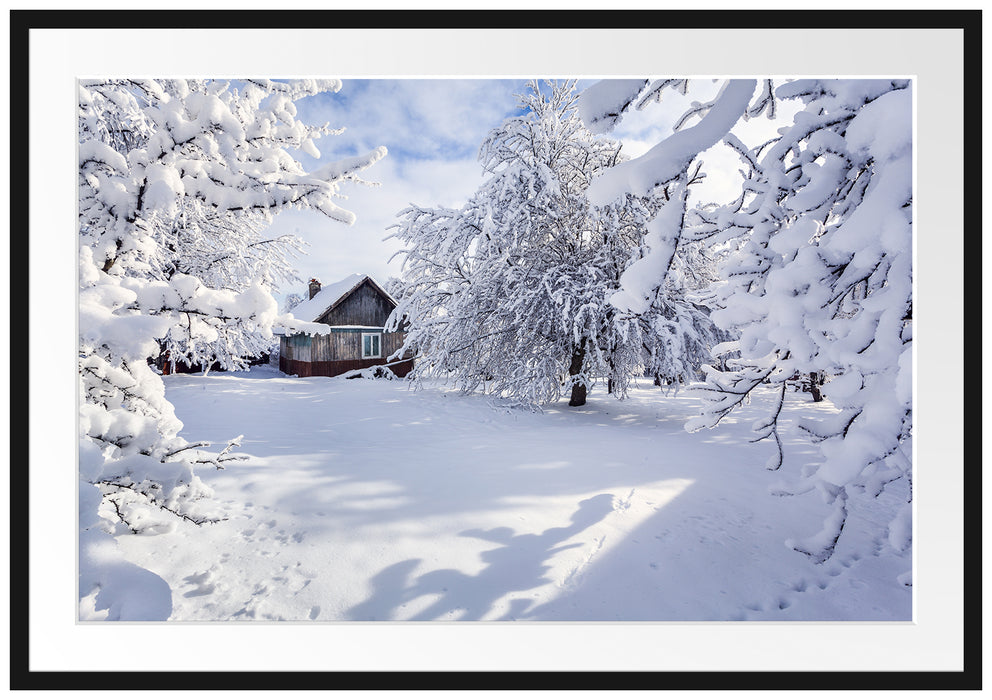 Pixxprint Winterlandschaft mit Hütte, im Galerie-Passepartout Bilderrahmen