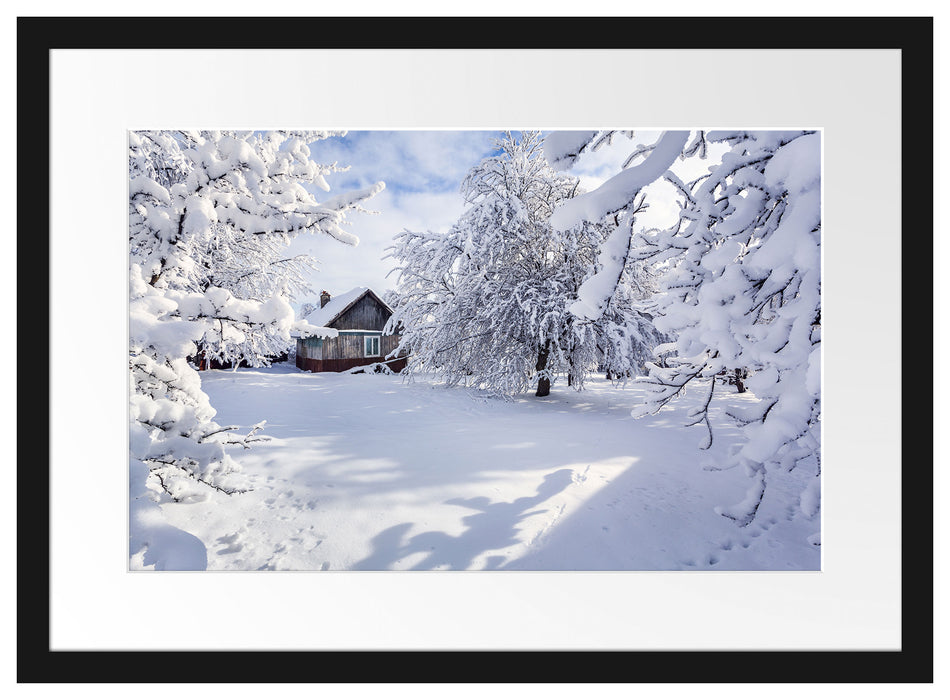 Winterlandschaft mit Hütte Passepartout 55x40