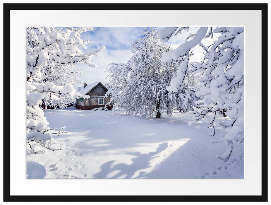 Winterlandschaft mit Hütte Passepartout 80x60