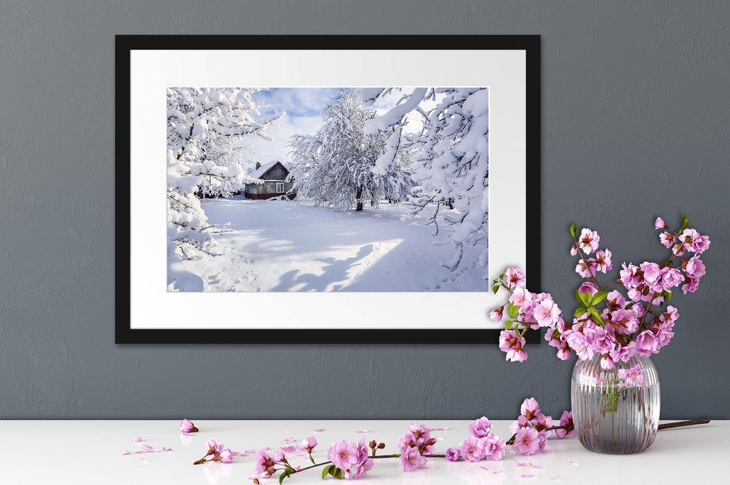 Winterlandschaft mit Hütte Passepartout Wohnzimmer