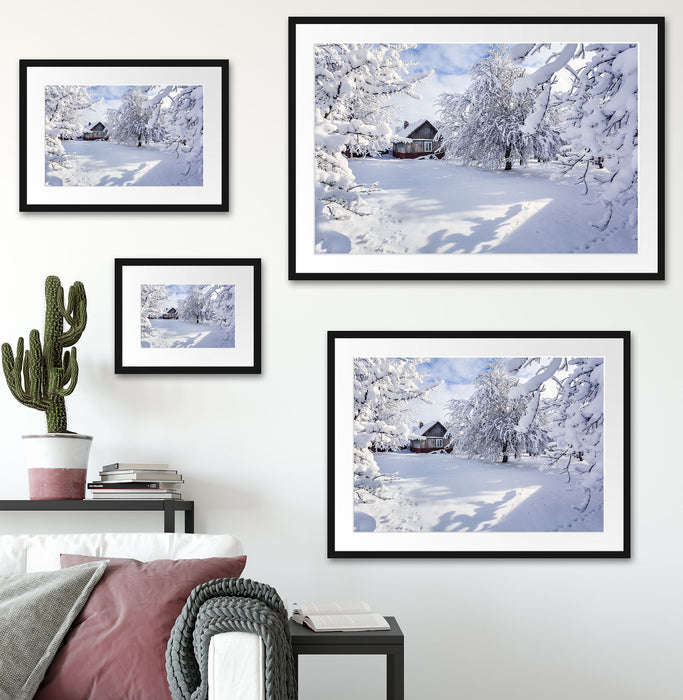 Winterlandschaft mit Hütte Passepartout Dekovorschlag