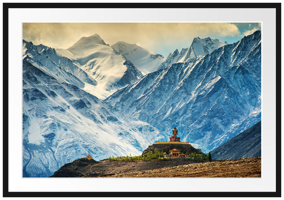 Pixxprint Tempel an Bergen in Tibet, im Galerie-Passepartout Bilderrahmen