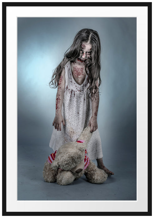 Pixxprint Mädchen mit Teddy, im Galerie-Passepartout Bilderrahmen