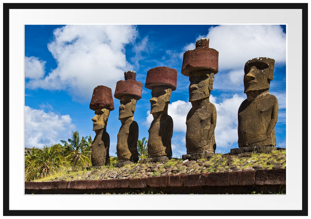 Pixxprint Moai Statuen Osterinseln, im Galerie-Passepartout Bilderrahmen