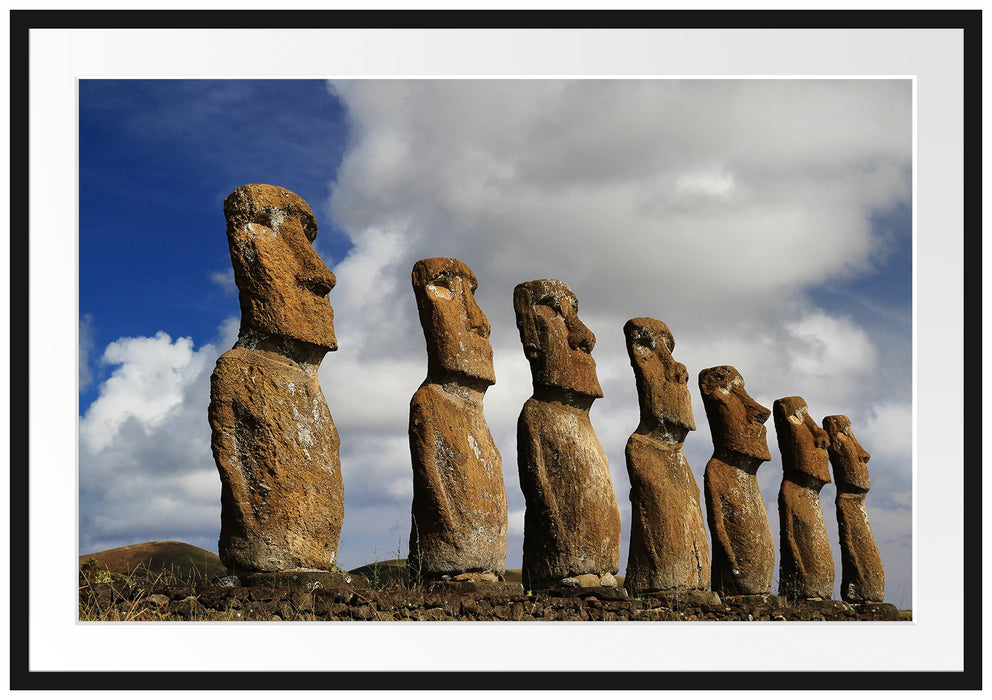 Pixxprint Moai Statuen auf den Osterinseln, im Galerie-Passepartout Bilderrahmen