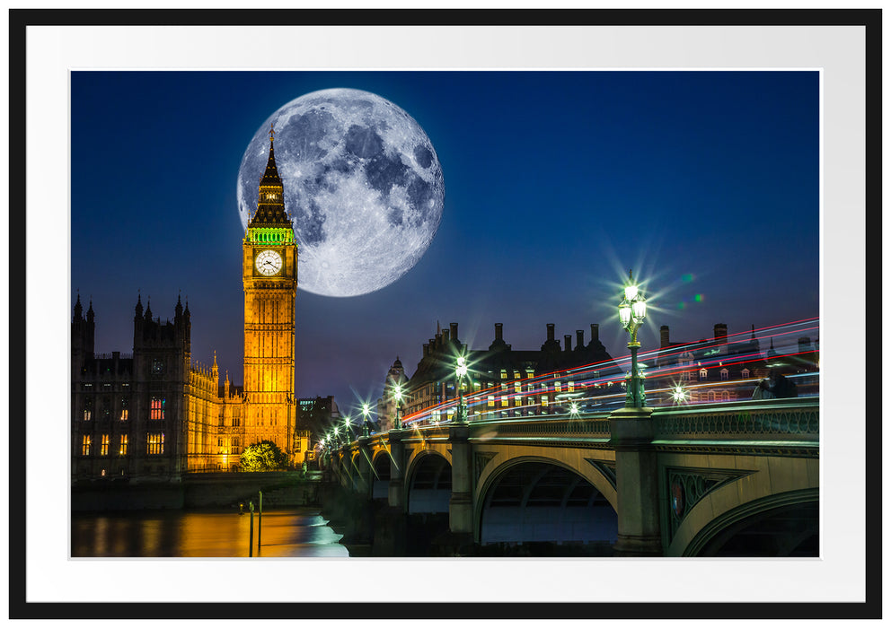 Pixxprint Big Ben vor Mond in London, im Galerie-Passepartout Bilderrahmen