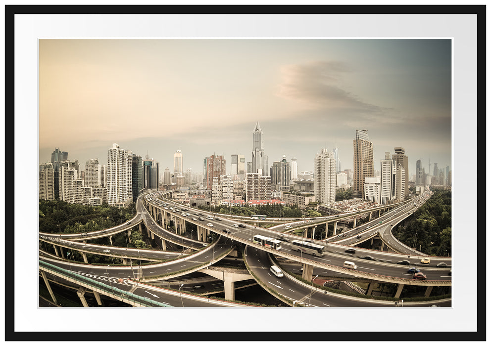 Pixxprint Beeindruckende Shanghai Autobahn, im Galerie-Passepartout Bilderrahmen