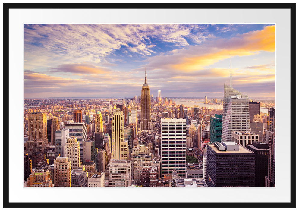 Pixxprint Skyline New York Sonnenuntergang, im Galerie-Passepartout Bilderrahmen