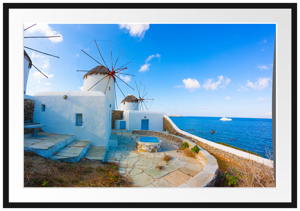 Pixxprint Windmühlen im Mittelmeer, im Galerie-Passepartout Bilderrahmen