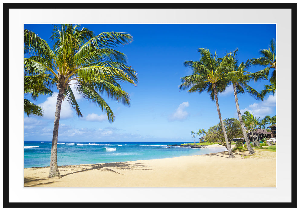 Pixxprint Wunderschöner Strand mit Palmen, im Galerie-Passepartout Bilderrahmen