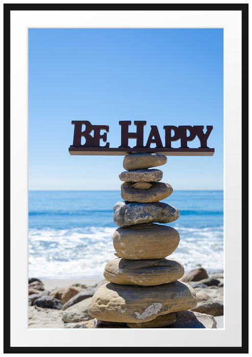 Pixxprint Steinturm am Strand, im Galerie-Passepartout Bilderrahmen