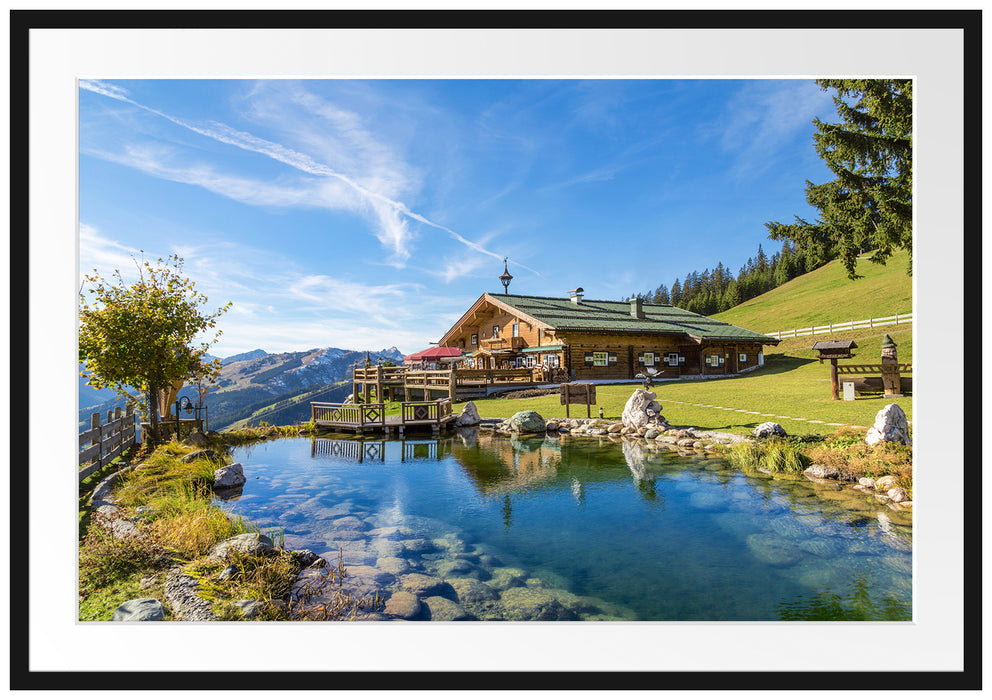 Pixxprint Schönes Haus in den Alpen, im Galerie-Passepartout Bilderrahmen
