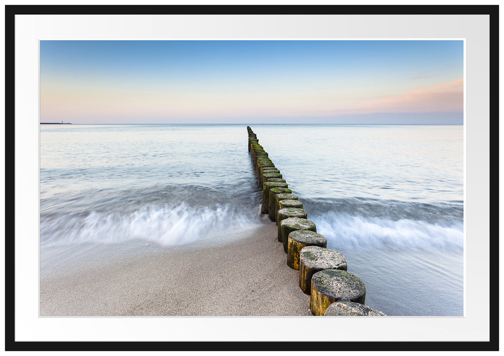 Pixxprint Baumstümpfe die ins Meer führen, im Galerie-Passepartout Bilderrahmen