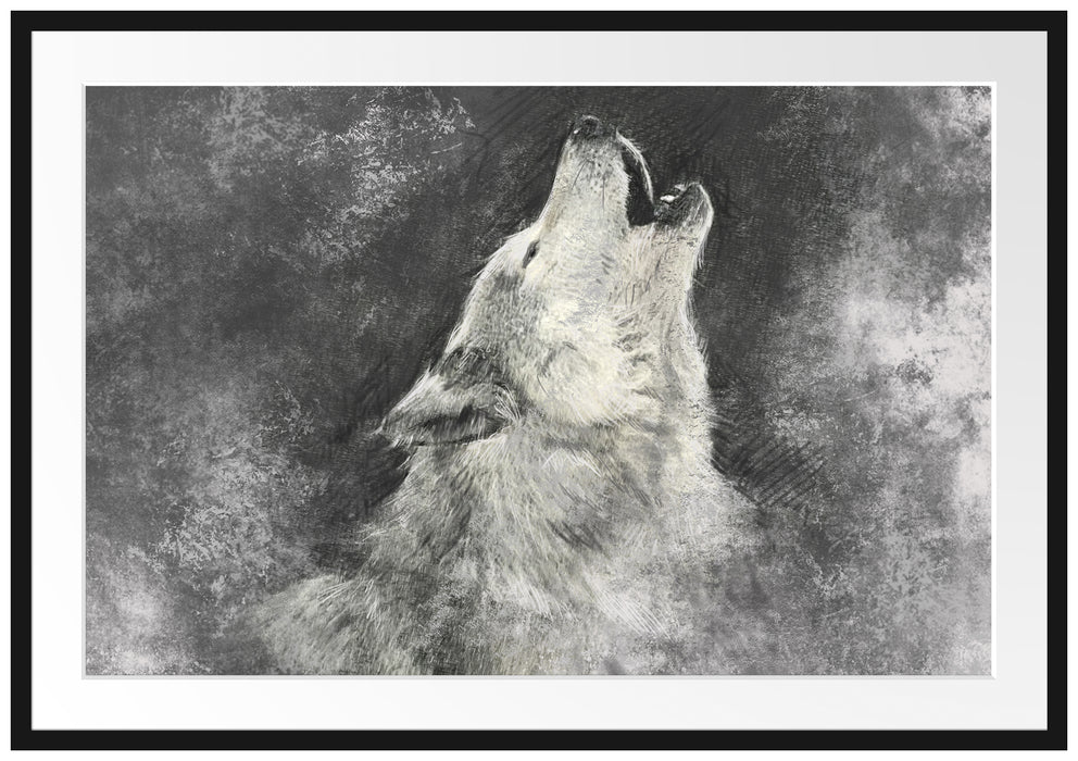 Pixxprint Heulender Wolf Kunst, im Galerie-Passepartout Bilderrahmen