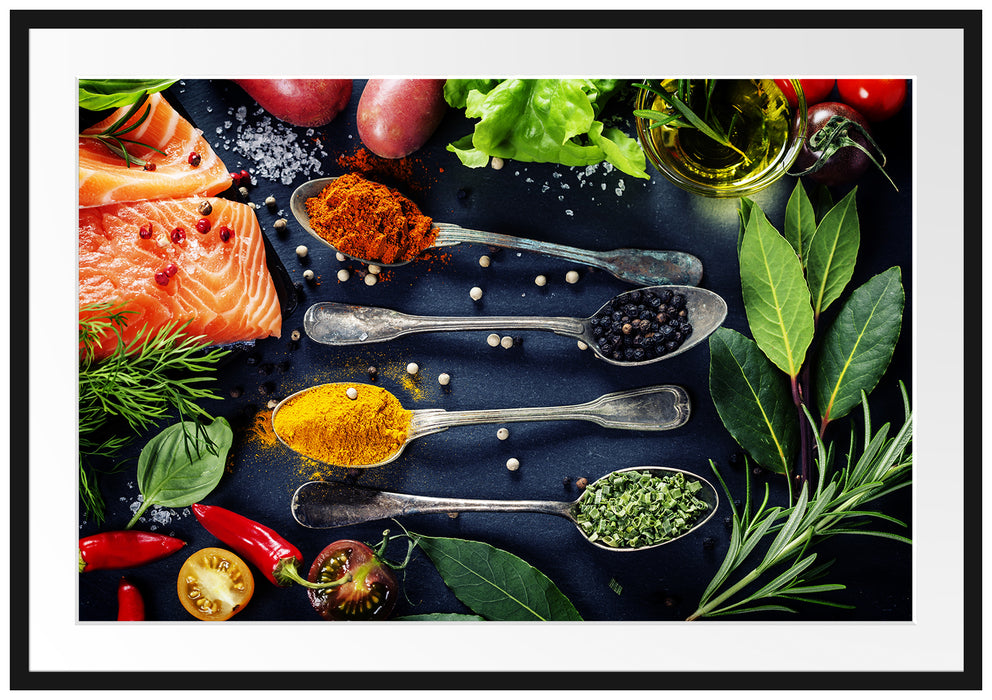 Pixxprint Feine Gewürze auf Löffeln, im Galerie-Passepartout Bilderrahmen