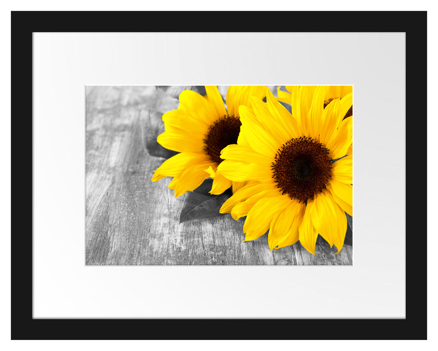 schöne Sonnenblumen auf Holztisch Passepartout 38x30