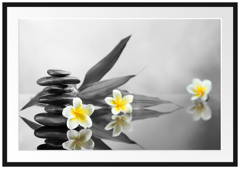 Pixxprint Monoi Blüten Zen Steinturm, im Galerie-Passepartout Bilderrahmen