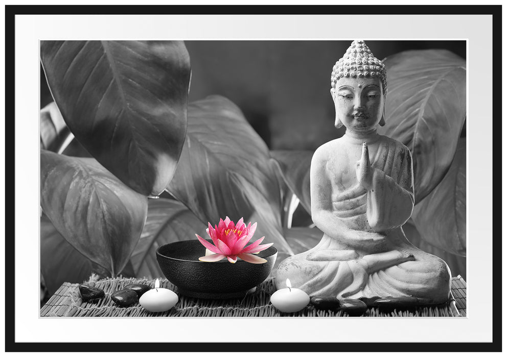 Pixxprint Buddha mit Seerose, im Galerie-Passepartout Bilderrahmen