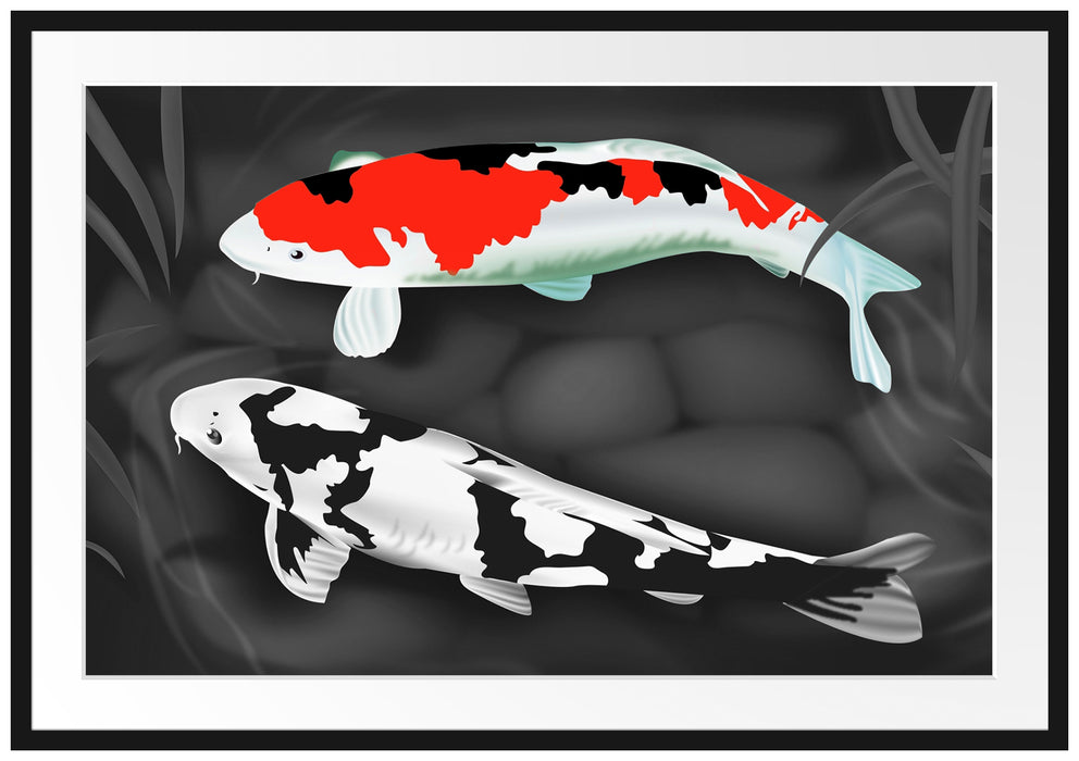 Pixxprint Gezeichnete Koi Karpfen, im Galerie-Passepartout Bilderrahmen