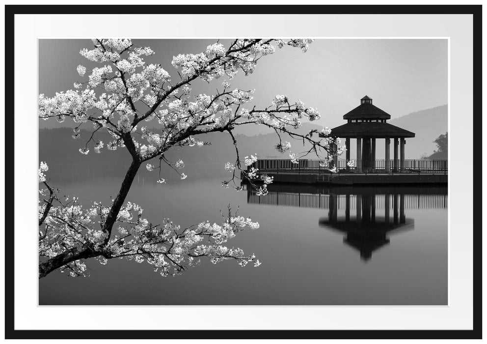 Pixxprint Kirschbaum an See, im Galerie-Passepartout Bilderrahmen