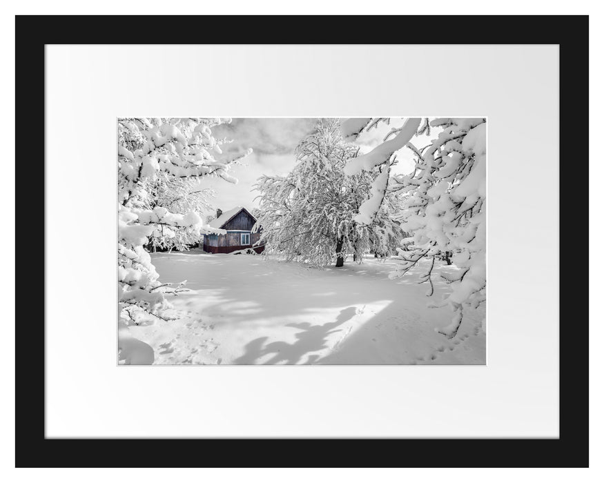 Hütte in schöner Winterlandschaft Passepartout 38x30