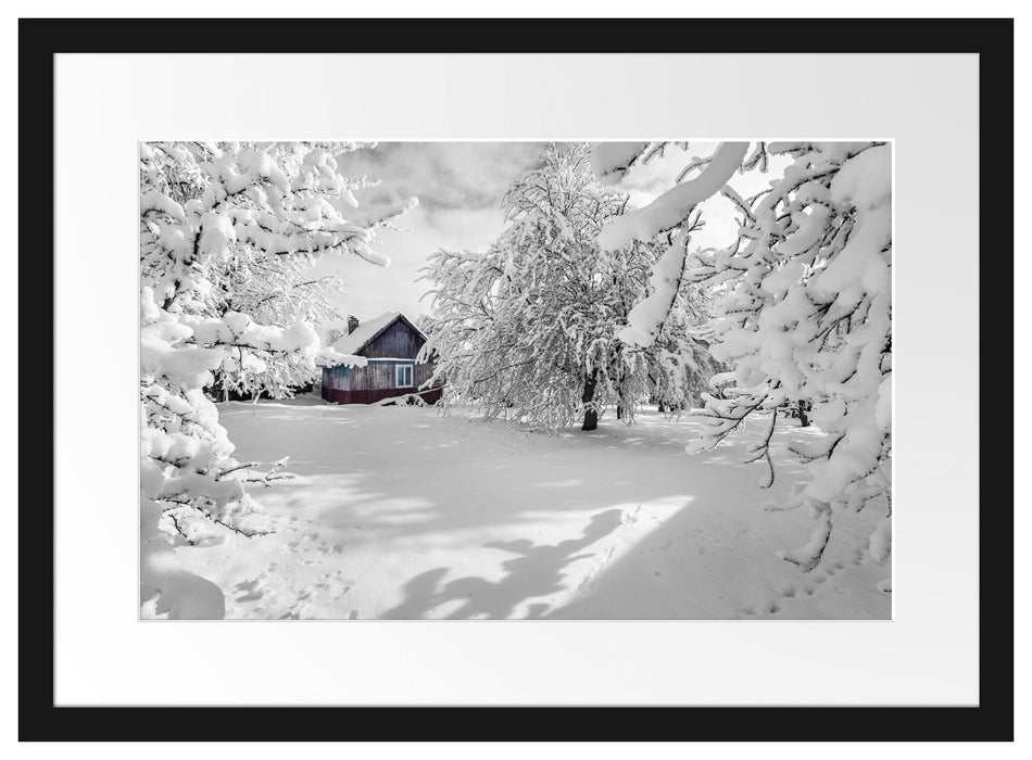 Hütte in schöner Winterlandschaft Passepartout 55x40