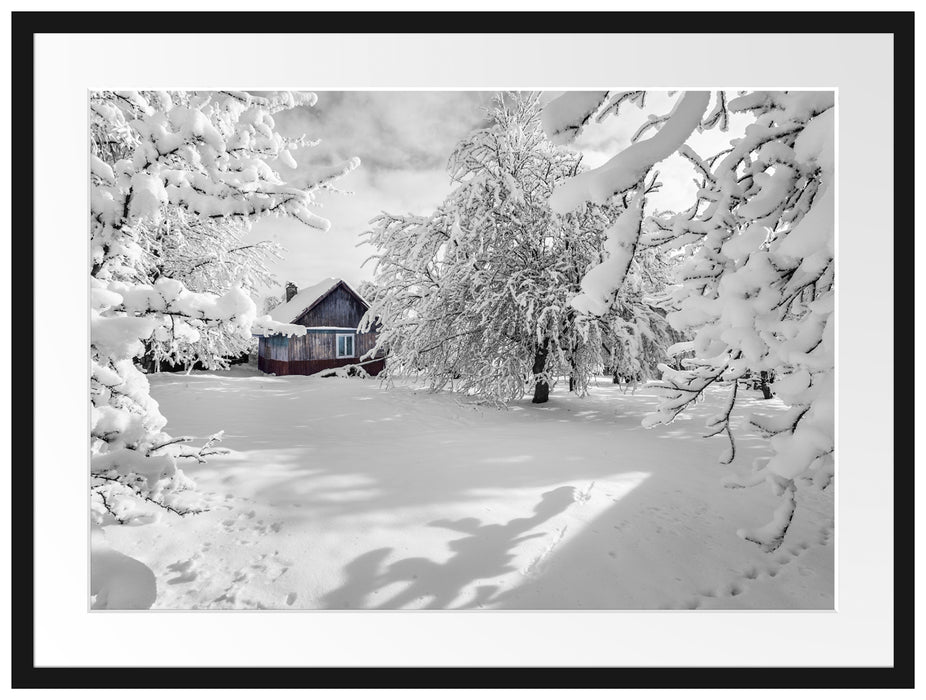 Hütte in schöner Winterlandschaft Passepartout 80x60