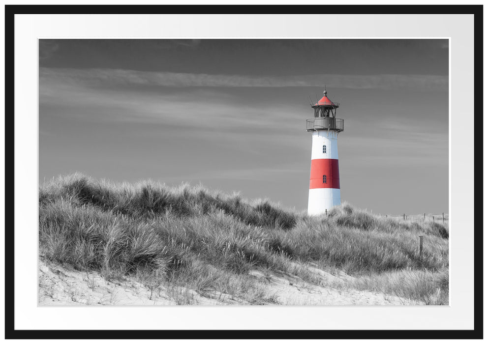 Pixxprint Leuchtturm in den Dünen, im Galerie-Passepartout Bilderrahmen