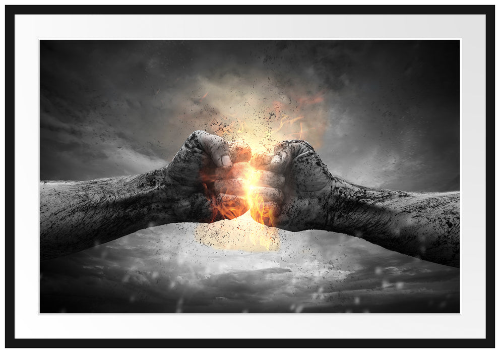 Pixxprint Fäuste mit Energie, im Galerie-Passepartout Bilderrahmen
