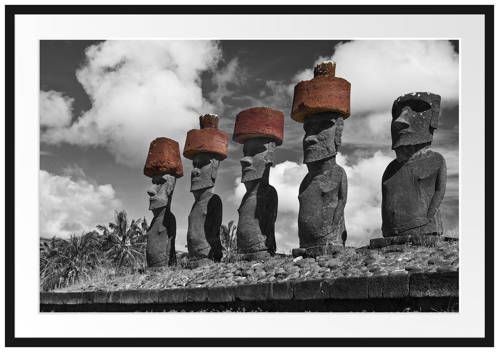 Pixxprint Moai Statuen auf den Osterinseln, im Galerie-Passepartout Bilderrahmen