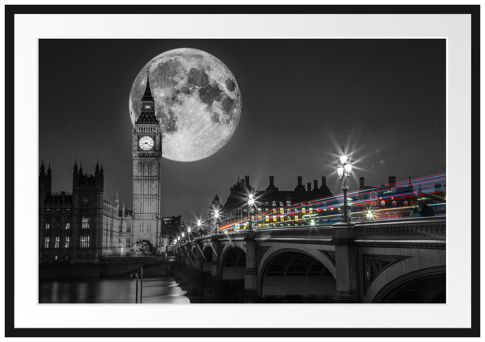 Pixxprint Big Ben mit Mond London, im Galerie-Passepartout Bilderrahmen