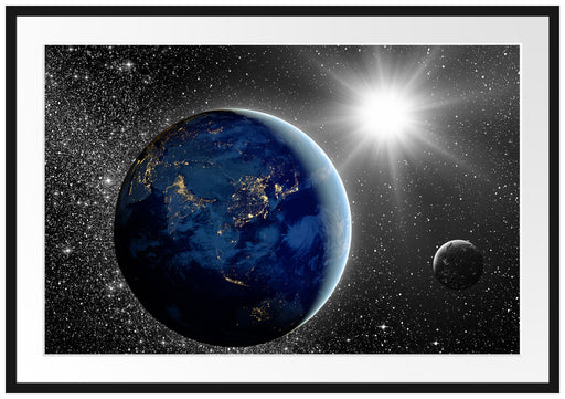 Erde mit Sonne im Weltall Passepartout 100x70