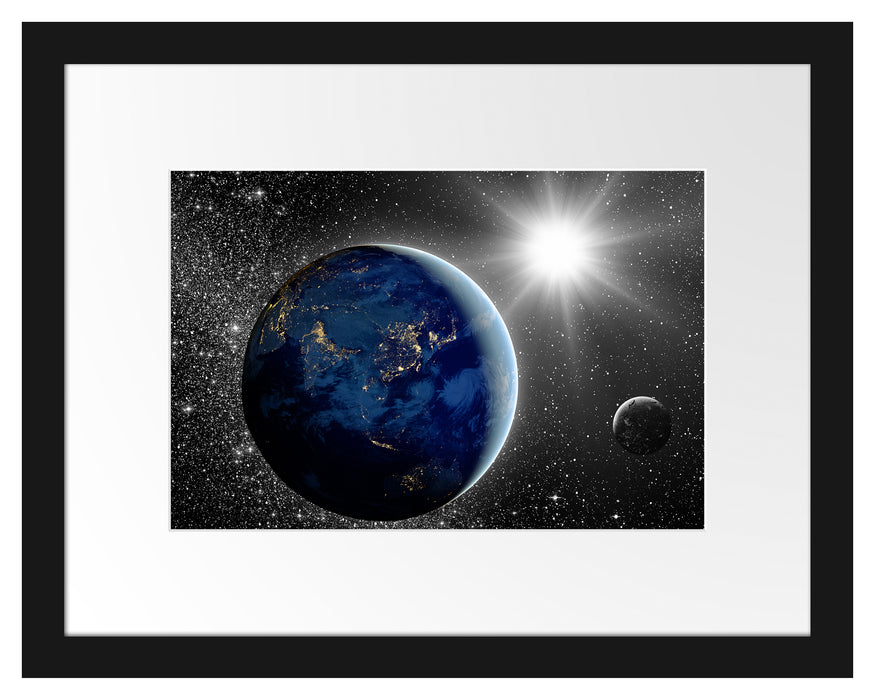 Erde mit Sonne im Weltall Passepartout 38x30