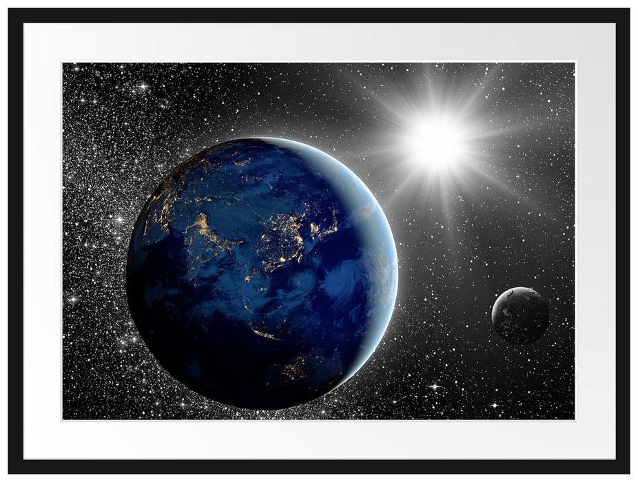 Erde mit Sonne im Weltall Passepartout 80x60