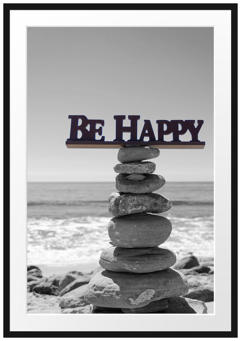 Pixxprint Be Happy Steinturm, im Galerie-Passepartout Bilderrahmen