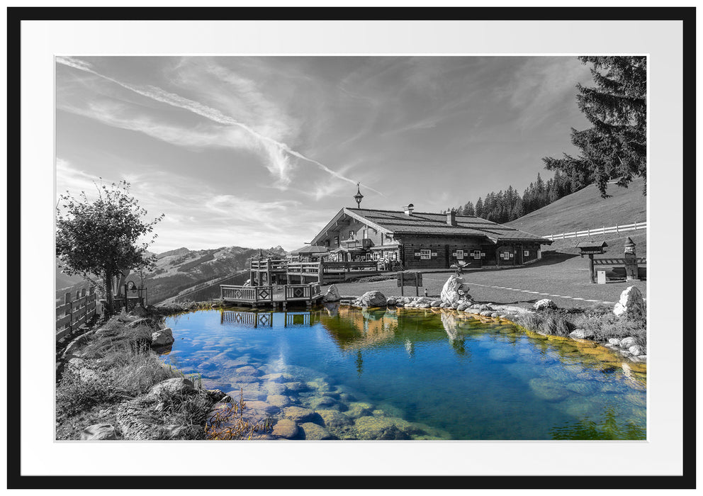 Pixxprint wunderschönes Haus in den Alpen, im Galerie-Passepartout Bilderrahmen