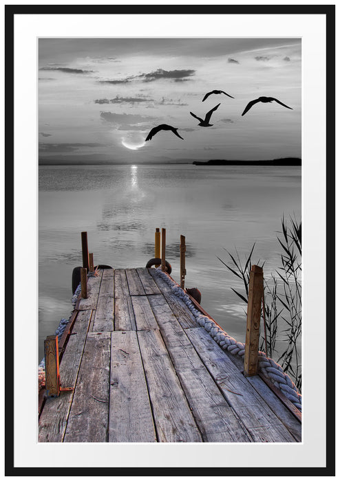Pixxprint schöner Steg mit Vögeln, im Galerie-Passepartout Bilderrahmen