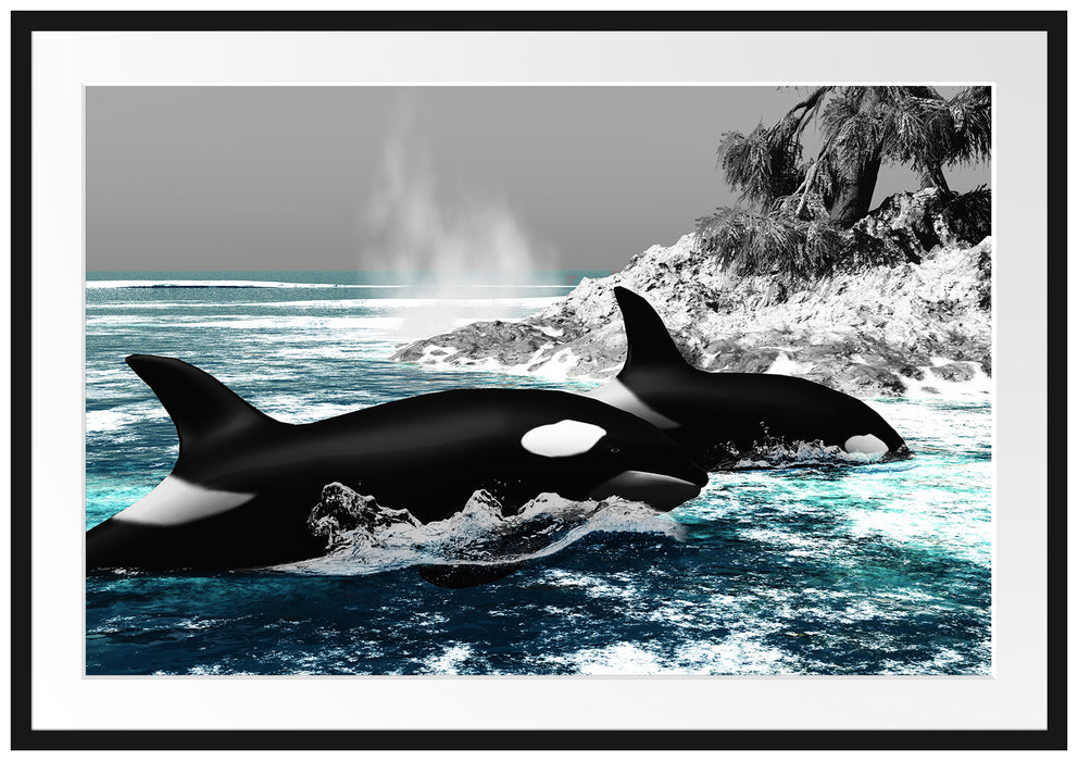 Pixxprint schöne Orcas vor Insel, im Galerie-Passepartout Bilderrahmen