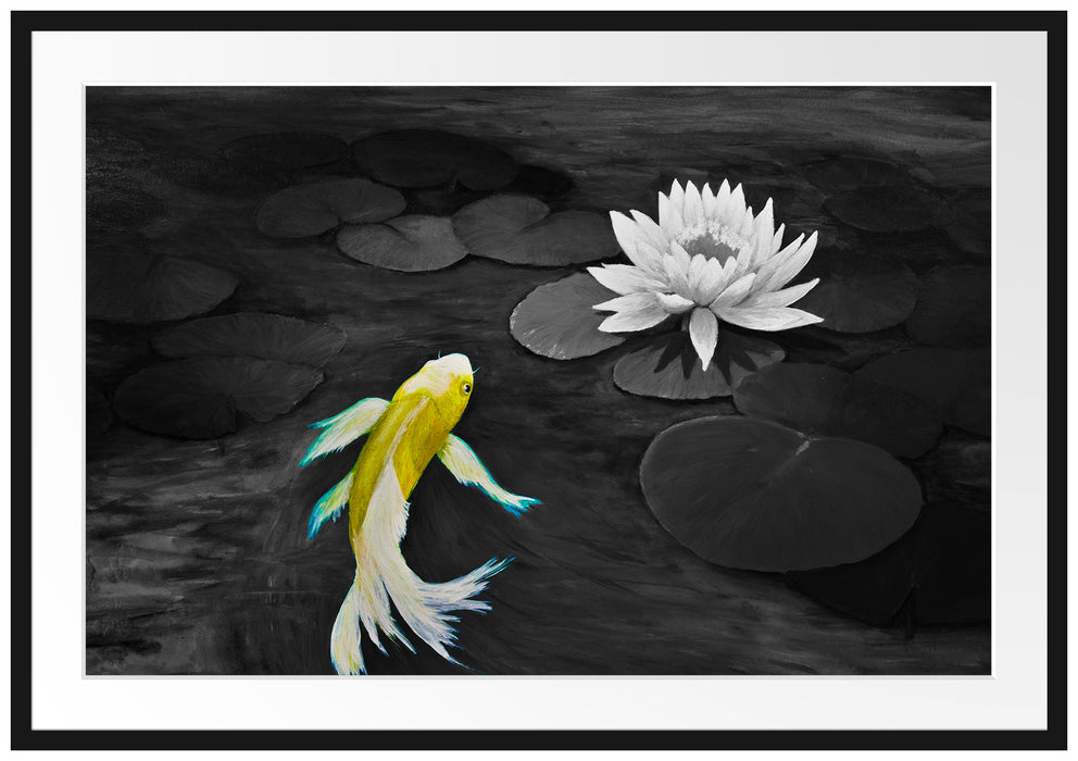 Pixxprint Gemälde eines Koi mit Seerose, im Galerie-Passepartout Bilderrahmen