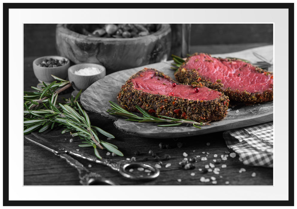 Pixxprint Saftiges Steak Zubereitung, im Galerie-Passepartout Bilderrahmen