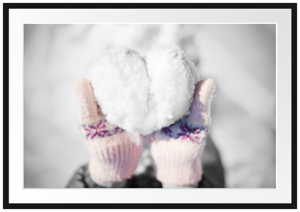 Pixxprint Winter Herz aus Schnee, im Galerie-Passepartout Bilderrahmen