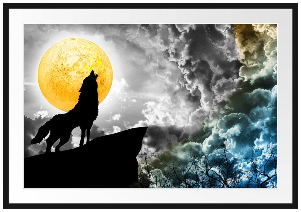 Pixxprint Mystischer Wolf im Vollmond, im Galerie-Passepartout Bilderrahmen