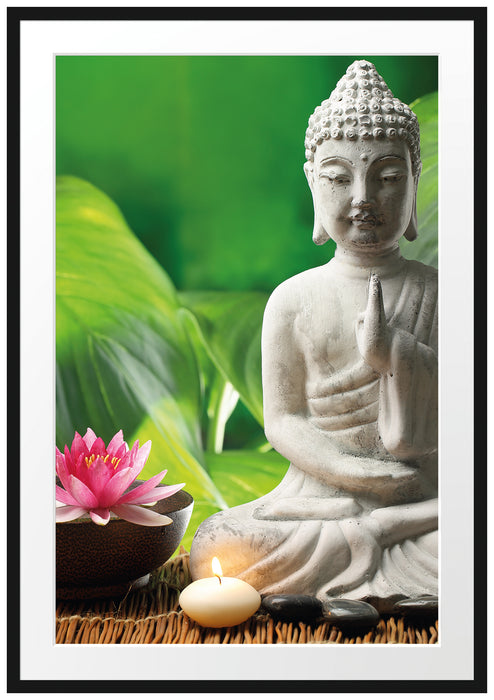 Pixxprint Seerose Buddha Statue, im Galerie-Passepartout Bilderrahmen