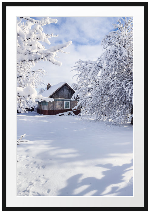 Pixxprint Winterlandschaft mit Hütte, im Galerie-Passepartout Bilderrahmen