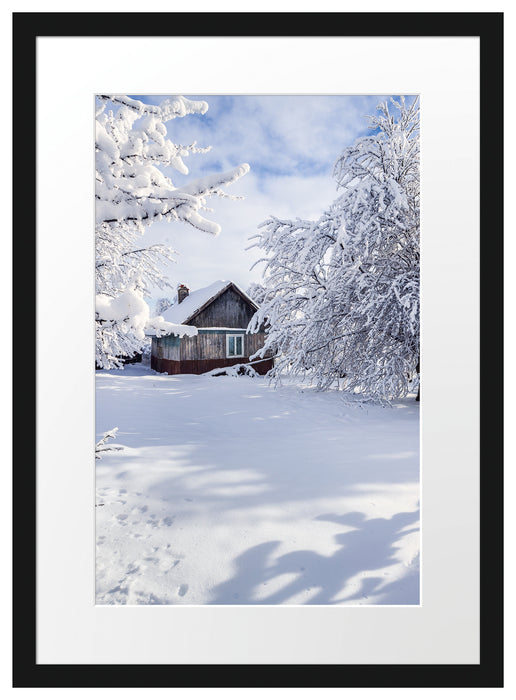 Winterlandschaft mit Hütte Passepartout 55x40